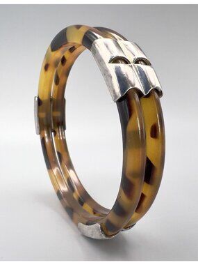 Antique Double Faux Tortoise Shell Silver Mount Bangle Bracelet